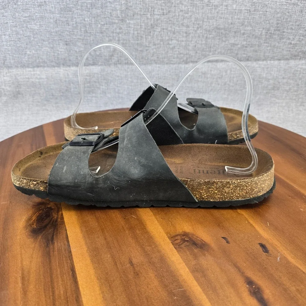 Aurenti Genuine Leather Black Double Strap Buckle Cork Footbed SlideSandals SZ11